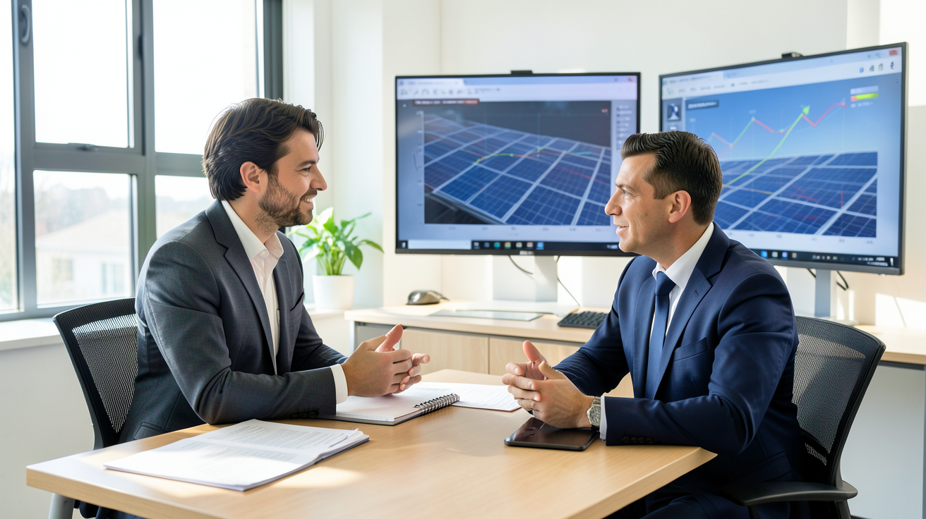 panneau photovoltaique forum discussion entre professionnels dans un bureau moderne