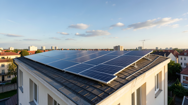 panneau photovoltaïque installé sur le toit d'une maison en milieu urbain