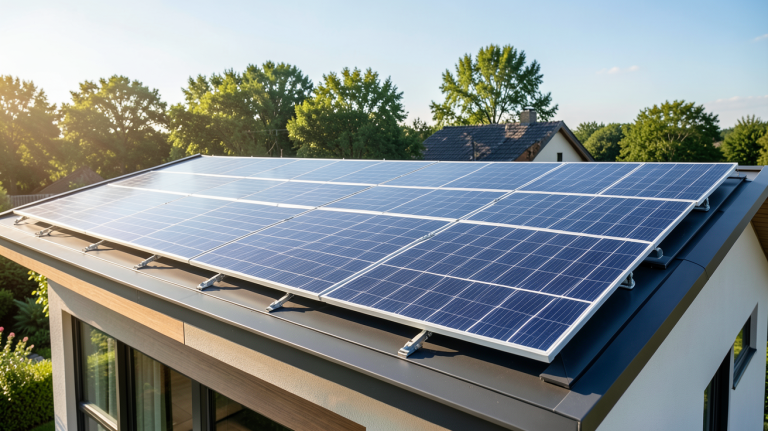 panneau photovoltaique francilienne installé sur le toit d'une maison moderne sous un ciel clair