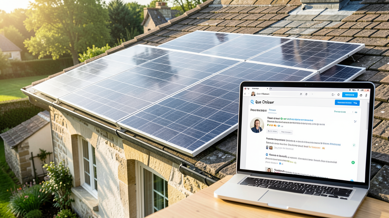 panneau photovoltaïque francilienne avec écran affichant des retours d'expérience utilisateurs sur un forum Que Choisir