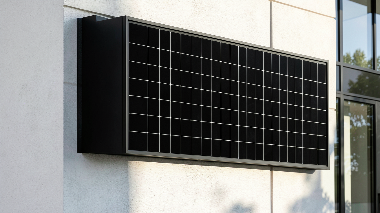 panneau photovoltaique full black intégré à une façade moderne, offrant un rendu esthétique épuré