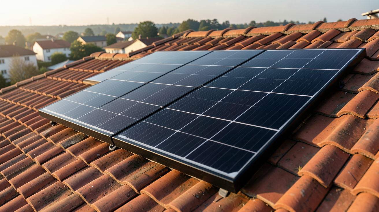 panneau photovoltaique full black installé sur un toit en tuiles rouges, comparatif avec panneaux classiques