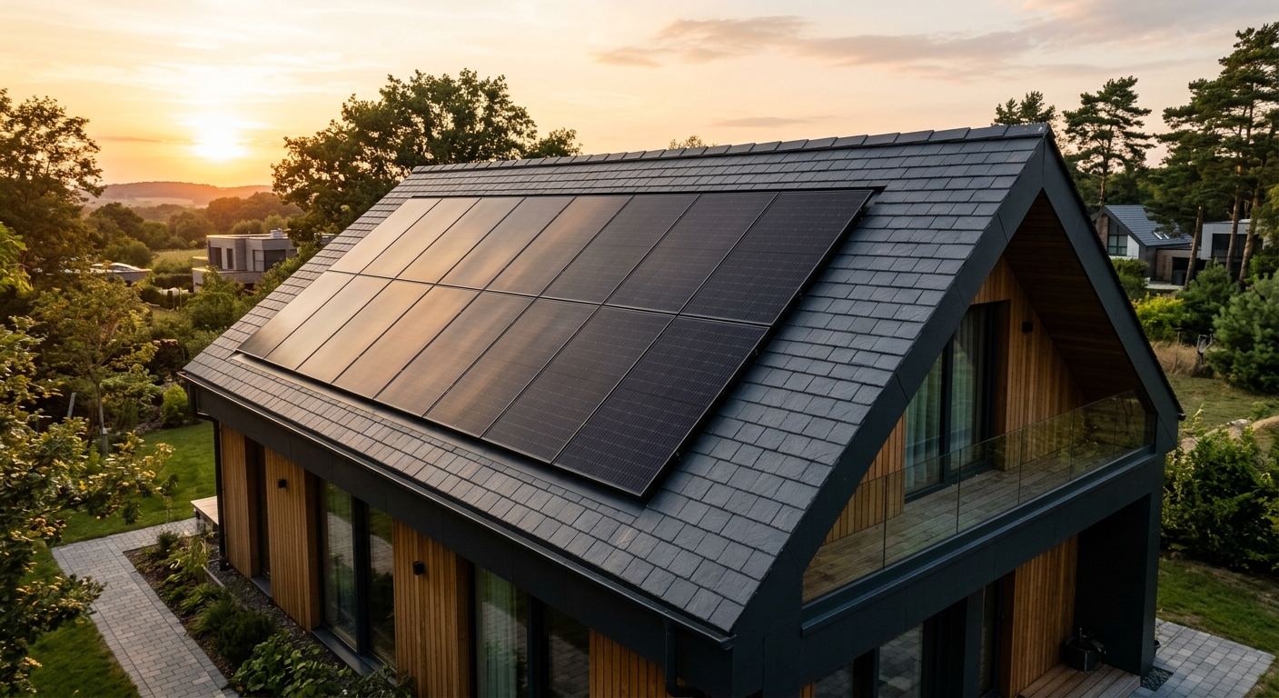panneau photovoltaïque full black installé sur le toit d'une maison contemporaine