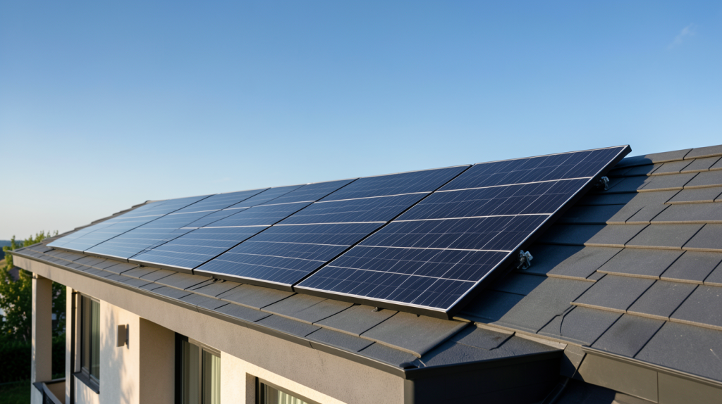 panneau photovoltaïque full black installé sur le toit d'une maison moderne