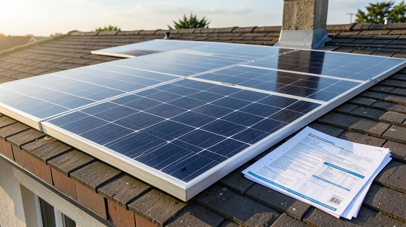 panneau photovoltaïque sur un toit avec documents officiels pour les aides gouvernementales