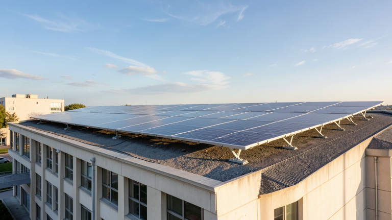 panneau photovoltaïque installé sur le toit d'un bâtiment public gouvernemental