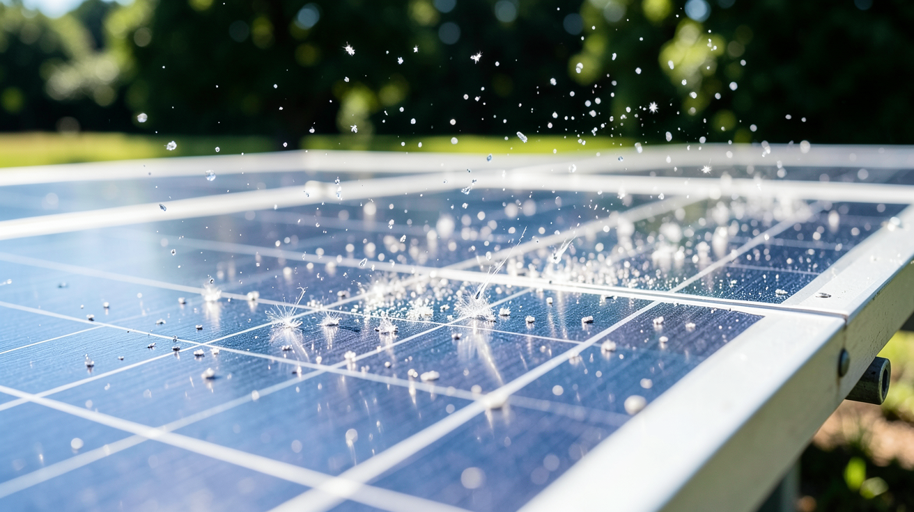 panneau photovoltaïque soumis à un test de résistance à la grêle avec des grêlons frappant sa surface