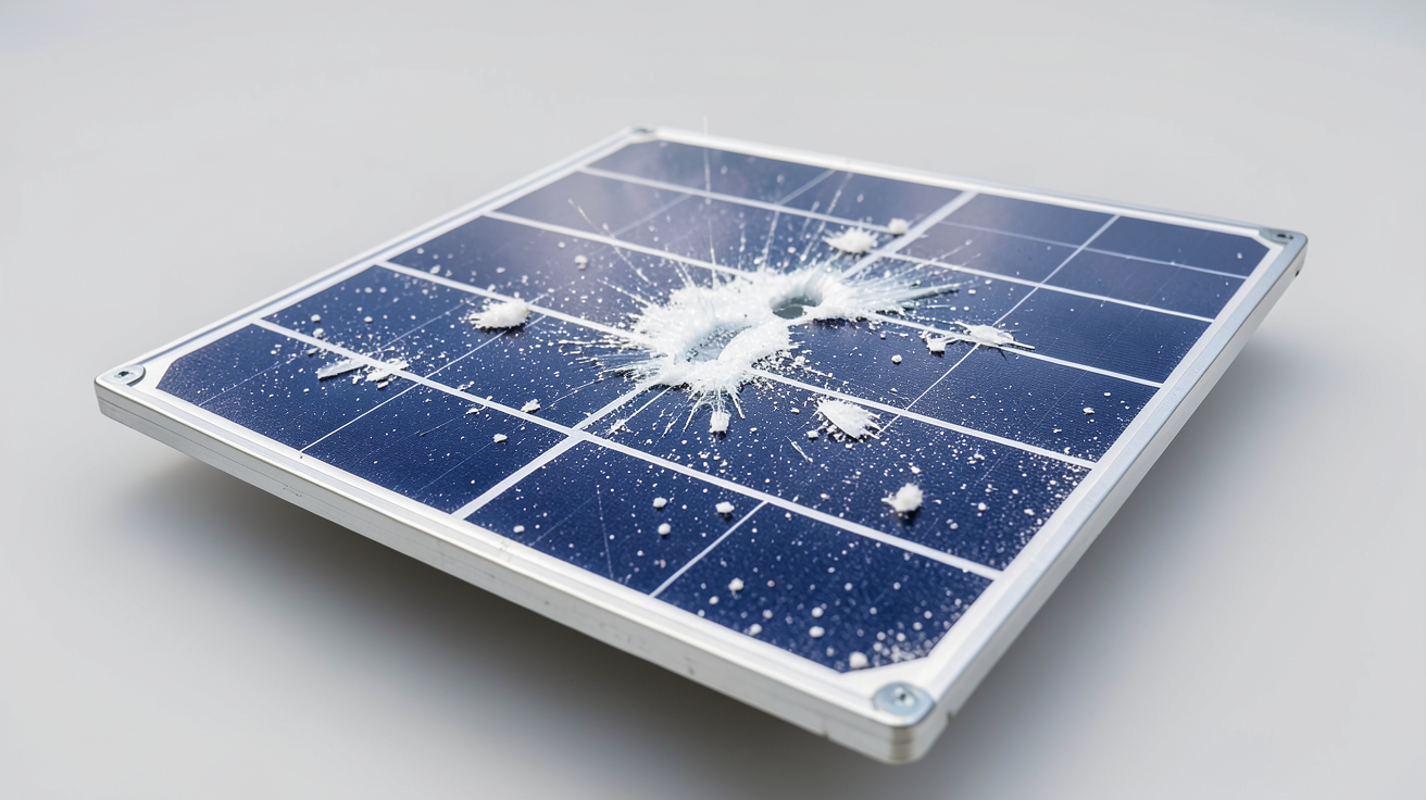 panneau photovoltaïque résistant à la grêle avec des impacts de grêlons visibles en test de résistance