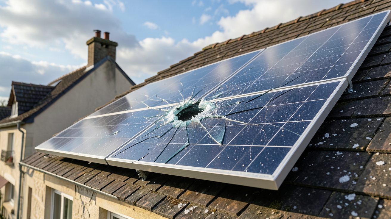 panneau photovoltaïque endommagé par la grêle installé sur un toit de maison en France