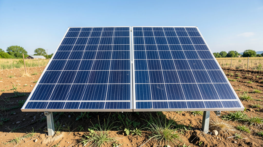 panneau photovoltaique grele installé sur un terrain ensoleillé, avec le ciel bleu en arrière-plan