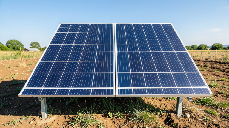 panneau photovoltaique grele installé sur un terrain ensoleillé, avec le ciel bleu en arrière-plan