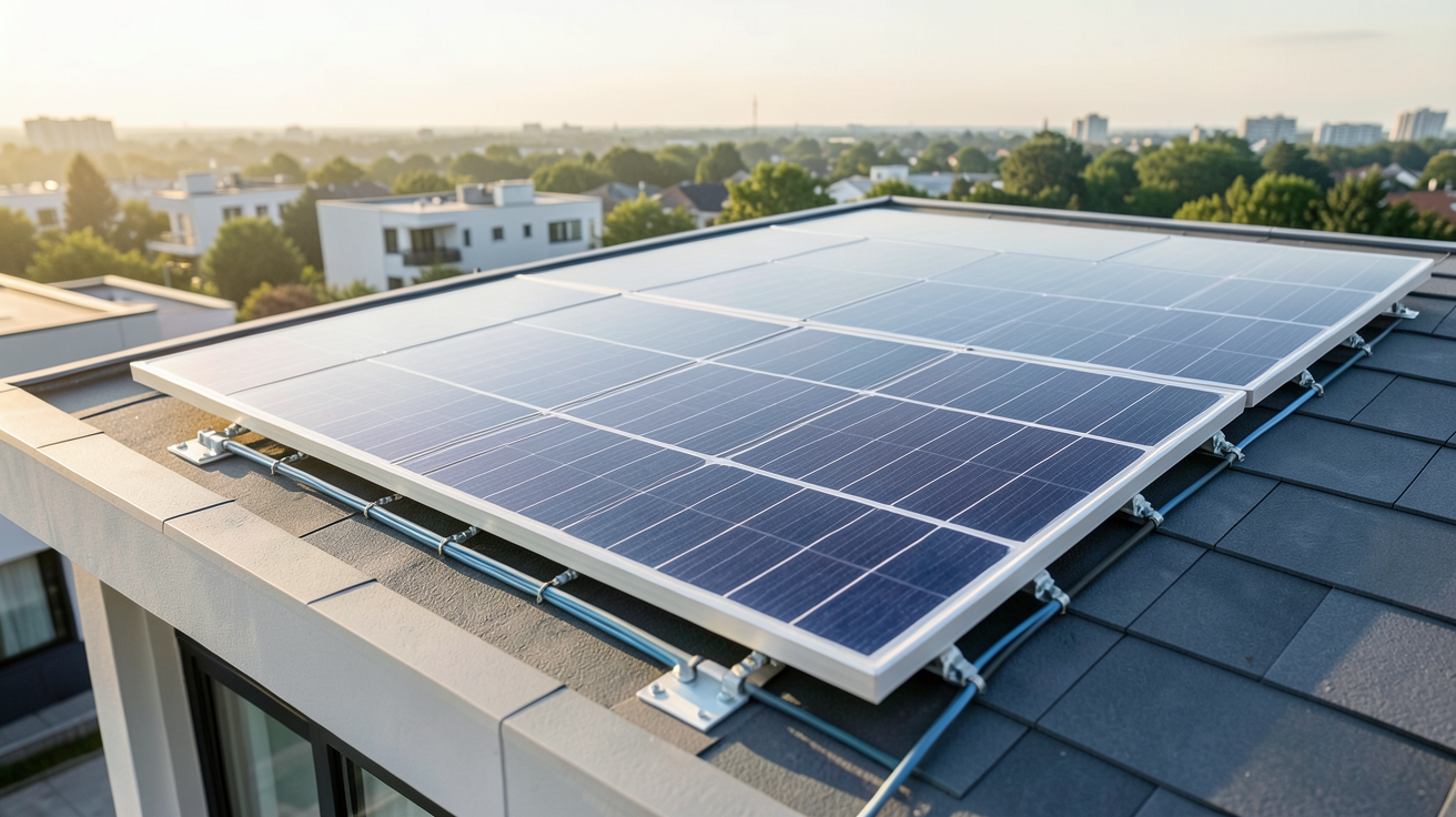panneau photovoltaïque Huawei installé sur le toit d'une maison moderne avec des câbles solaires bien visibles