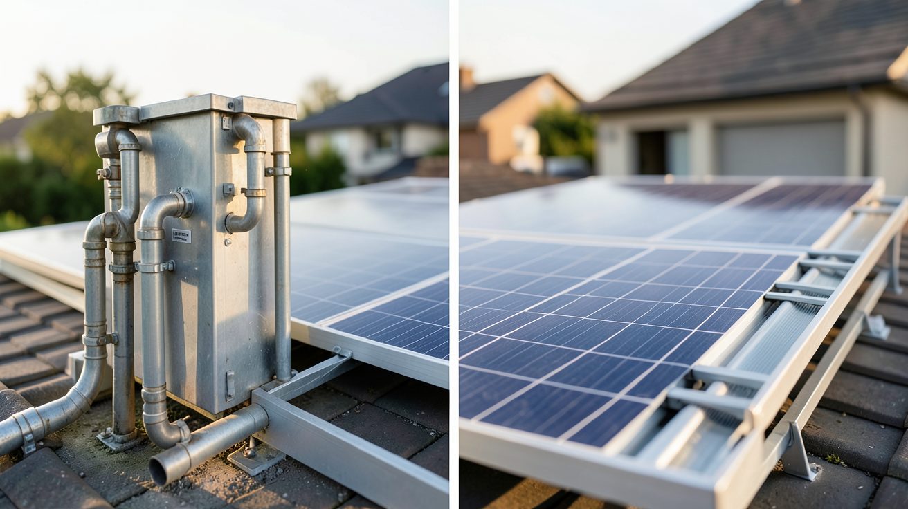 panneau photovoltaïque hybride comparant les technologies hydraulique et aérovoltaïque sur un toit résidentiel