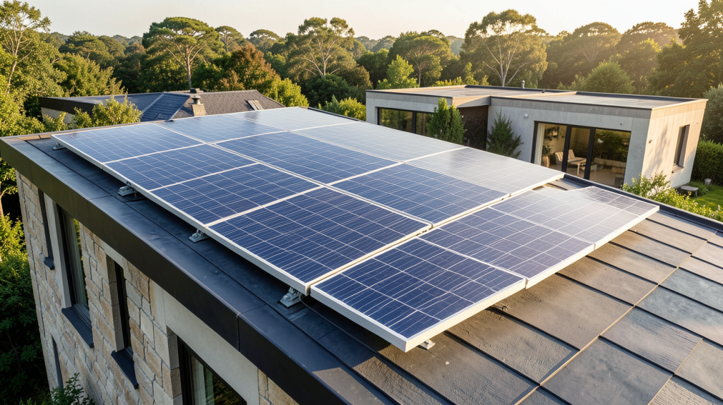 panneau photovoltaïque hybride installé sur le toit d'une maison écologique