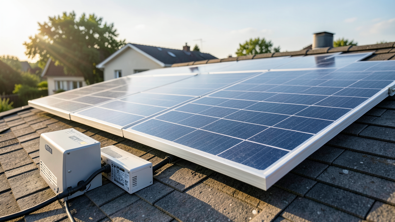 panneau photovoltaïque Hyundai installé sur un toit avec un onduleur moderne en premier plan