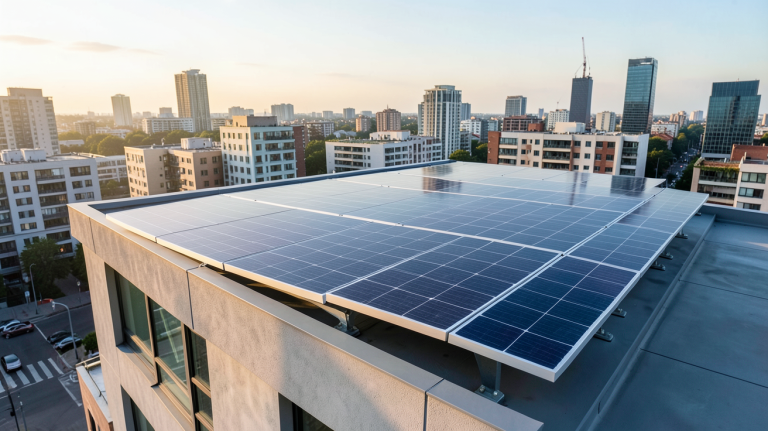 panneau photovoltaïque Hyundai installé sur le toit d'une maison urbaine moderne