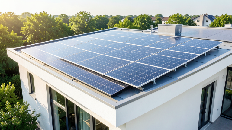 panneau photovoltaique ikea installé sur le toit d'une maison moderne, capturé en plein jour