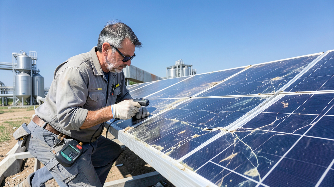 panneau photovoltaïque montrant des signes de dégradation et de vieillissement avec un technicien en inspection