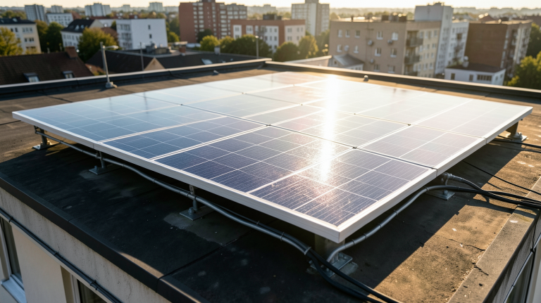 panneau photovoltaïque installé sur le toit d'une maison en milieu urbain montrant les ombres et reflets
