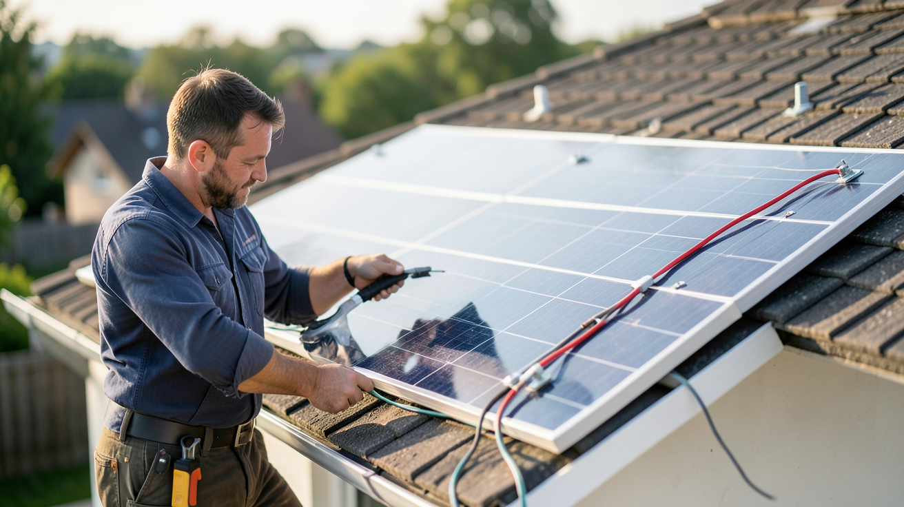 panneau photovoltaïque individuel en cours d'installation sur le toit d'une maison résidentielle