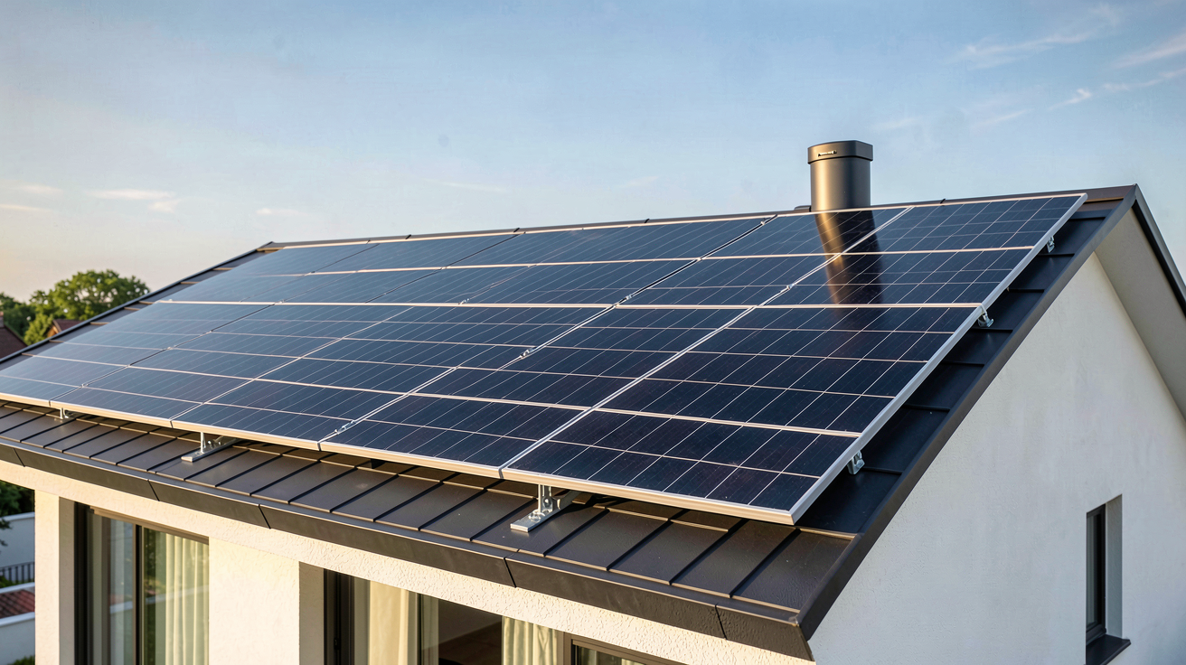 panneau photovoltaïque individuel faisant partie d'un kit solaire installé sur le toit d'une maison moderne