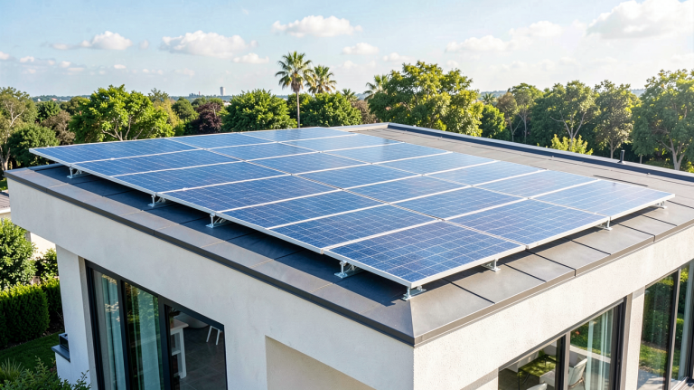 panneau photovoltaique individuel installé sur le toit d'une maison moderne, capturé en haute résolution sous lumière naturelle.