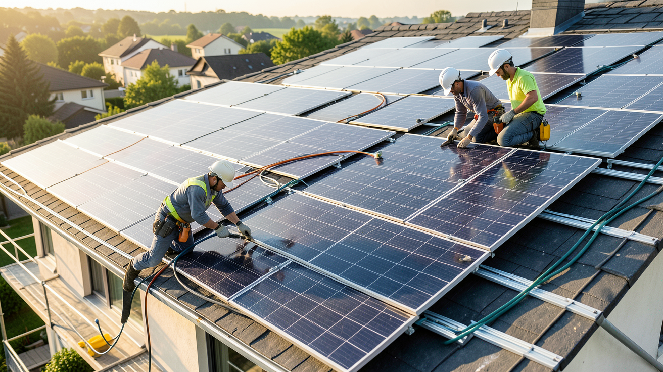 panneau photovoltaïque installation en cours de déploiement sur une toiture résidentielle