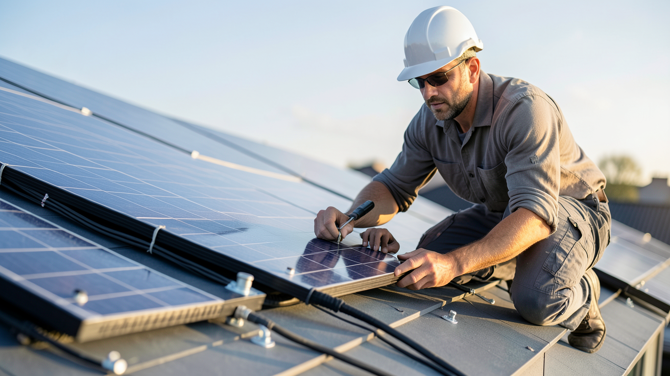 panneau photovoltaique installation et entretien par un technicien sur le toit d'une maison