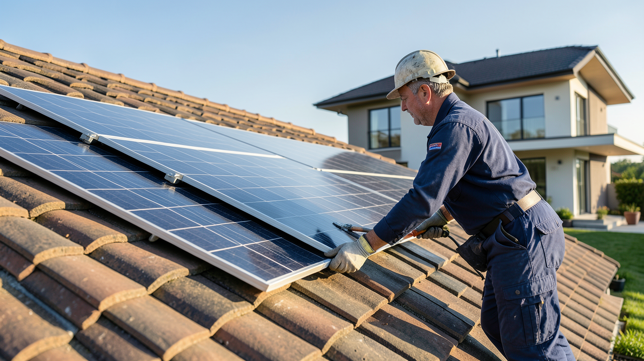 panneau photovoltaïque intégré en cours d'installation sur une toiture en tuiles par un artisan