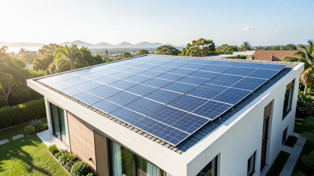 panneau photovoltaique intégré toiture sur le toit d'une maison moderne