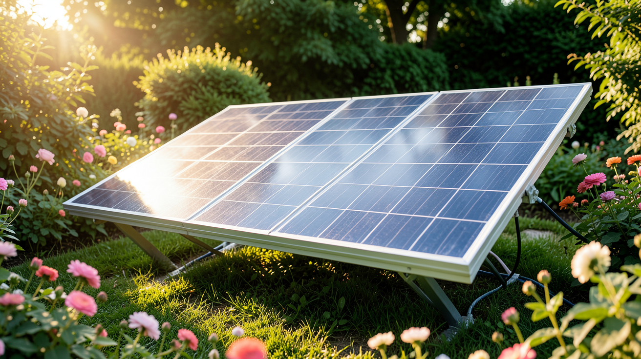 panneau photovoltaïque installé dans un jardin ensoleillé avec des fleurs et de la verdure