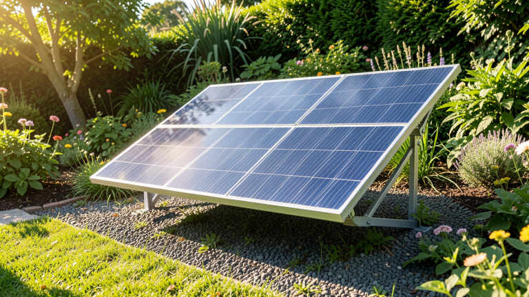 panneau photovoltaique jardin installé dans un jardin verdoyant, capturé en plein jour avec une lumière naturelle