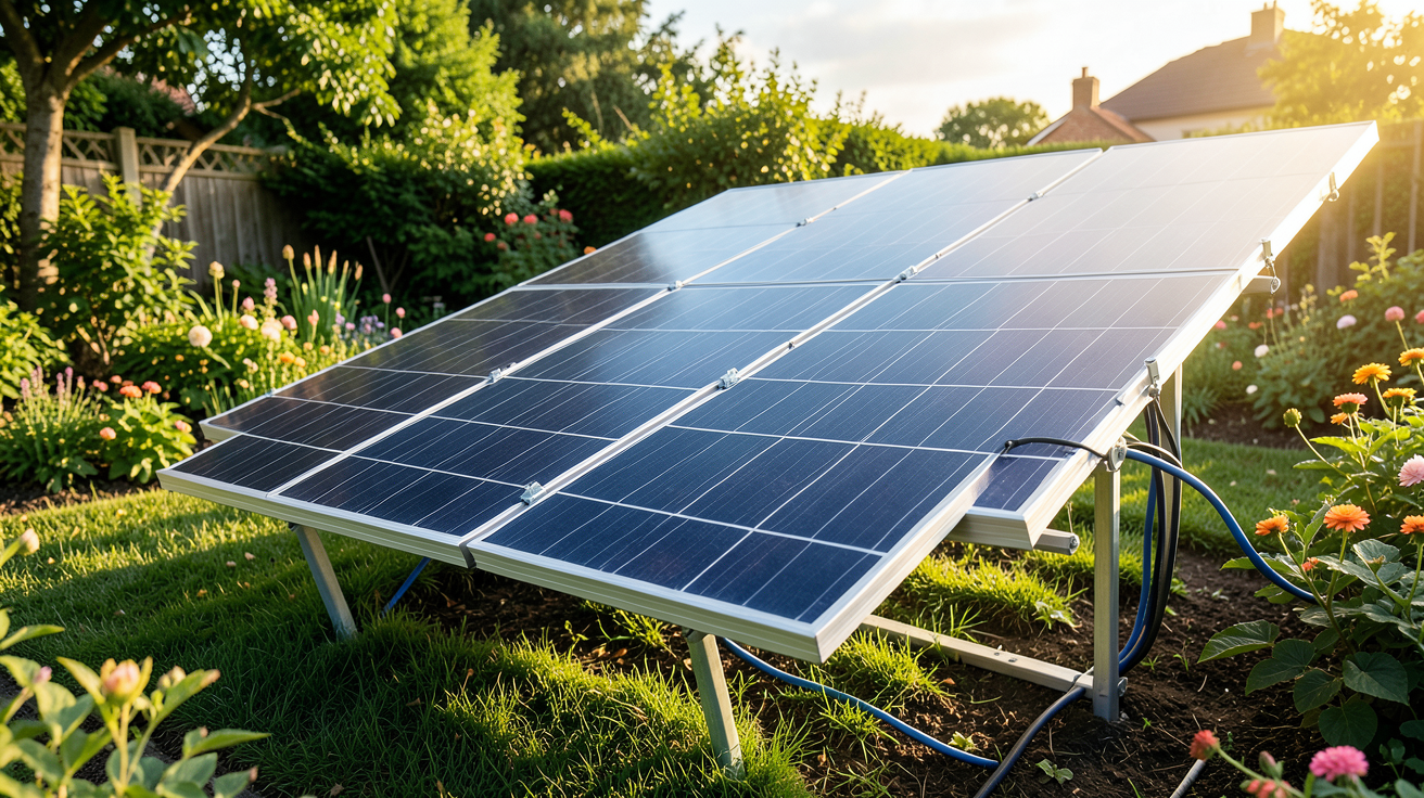 panneau photovoltaïque installé dans un jardin résidentiel pour une installation solaire autonome