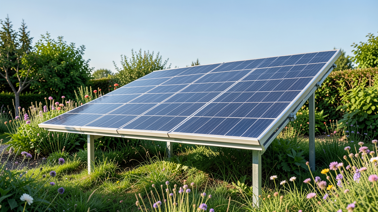 panneau photovoltaïque moderne installé dans un jardin paysager avec des fleurs en arrière-plan