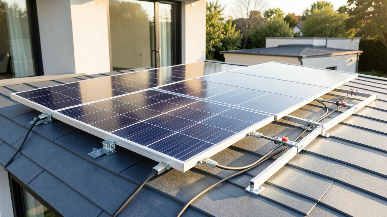 panneau photovoltaïque Jinko Solar installé sur le toit d'une maison moderne avec système de fixation et câbles