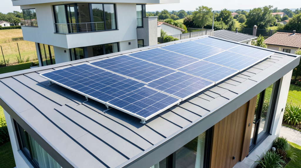 panneau photovoltaique jinko installé sur le toit d'une maison moderne, montrant les modules solaires brillants sous le soleil