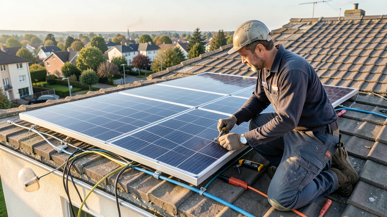 panneau photovoltaïque Leroy Merlin en cours d'installation sur un toit de maison par un technicien