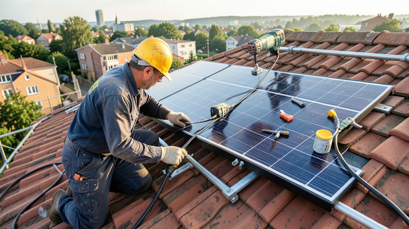 panneau photovoltaïque Leroy Merlin en cours d'installation sur un toit en tuiles rouges