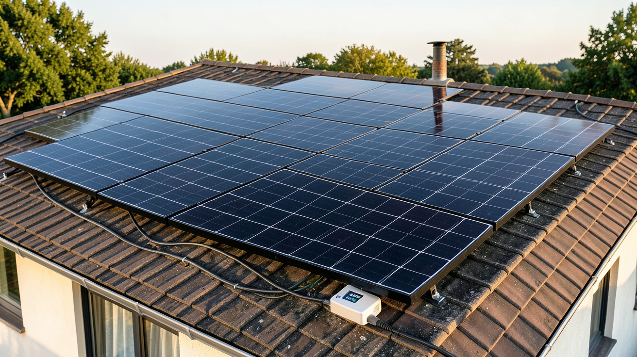panneau photovoltaïque Leroy Merlin kit complet installé sur le toit d'une maison avec onduleur et câbles de connexion
