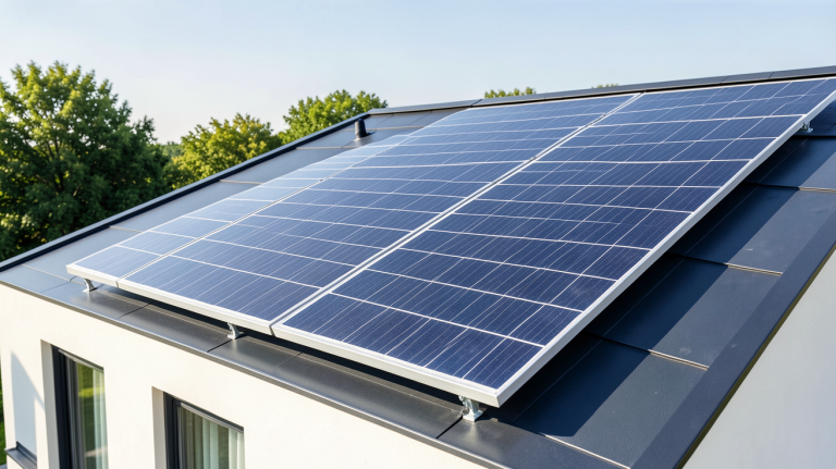panneau photovoltaïque leroy merlin installé sur le toit d'une maison moderne avec vue sur le ciel bleu