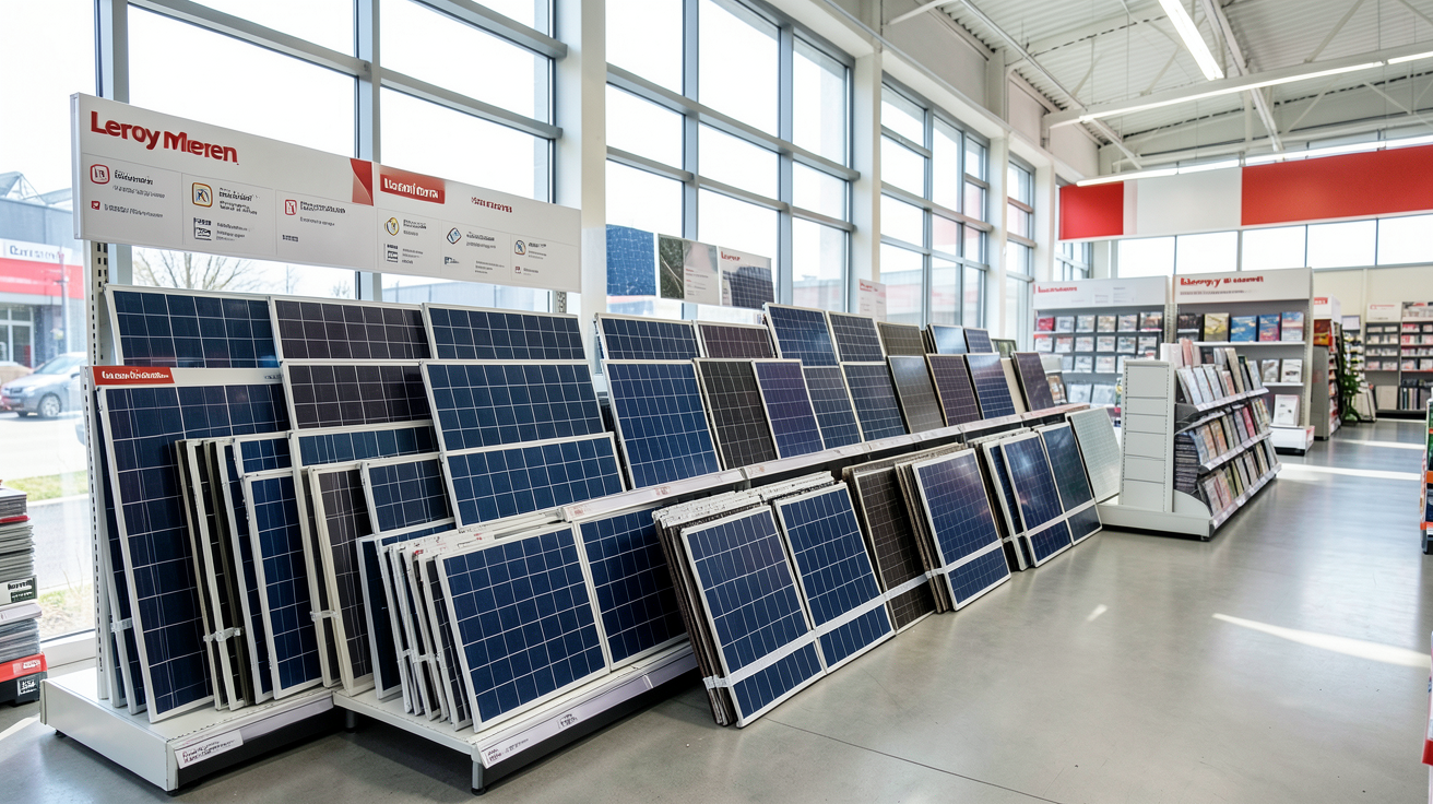 panneau photovoltaïque Leroy Merlin présentant différents types de panneaux exposés en magasin