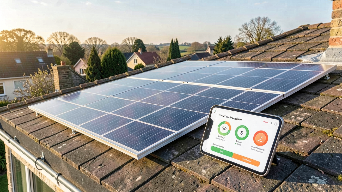 panneau photovoltaïque Leroy Merlin avec calcul du retour sur investissement (ROI) affiché sur une tablette