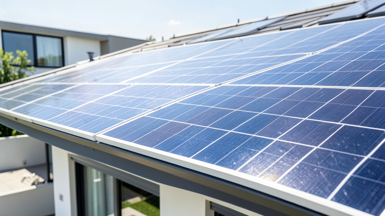 panneau photovoltaique lg installé sur le toit d'une maison moderne sous un soleil radieux