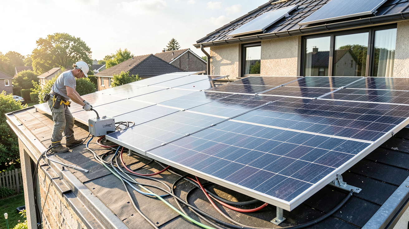 panneau photovoltaique Longi en cours d'installation sur un toit de maison avec un professionnel