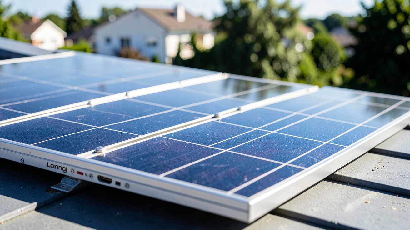 panneau photovoltaïque Longi avec technologies PERC, TOPCon ou HJT installé sur un toit résidentiel en plein soleil