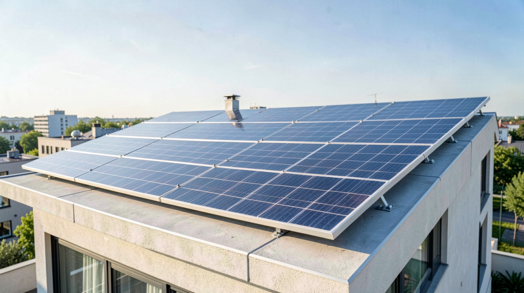 panneau photovoltaïque Longi installé sur le toit d'une maison urbaine moderne