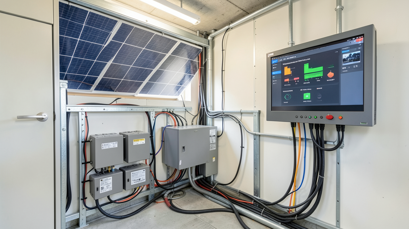 panneau photovoltaïque maison autonome : système de stockage d'énergie avec batteries lithium-ion dans un local technique