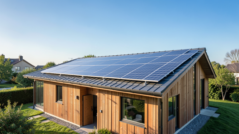 panneau photovoltaique maison autonome installé sur le toit d'une maison moderne avec ciel bleu