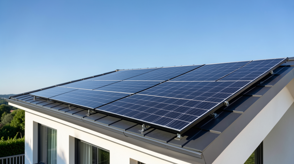 panneau photovoltaïque noir installé sur le toit d'une maison moderne avec un ciel bleu dégagé