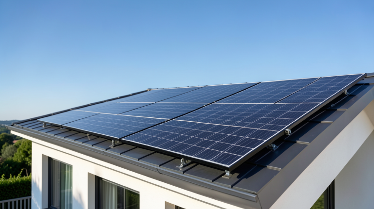 panneau photovoltaïque noir installé sur le toit d'une maison moderne avec un ciel bleu dégagé